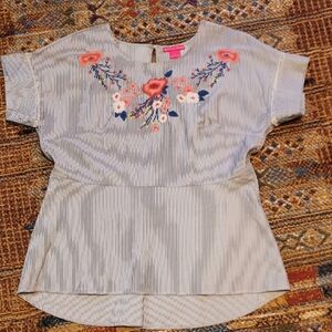 Sunny Leigh Floral Embroidered Striped Blouse
